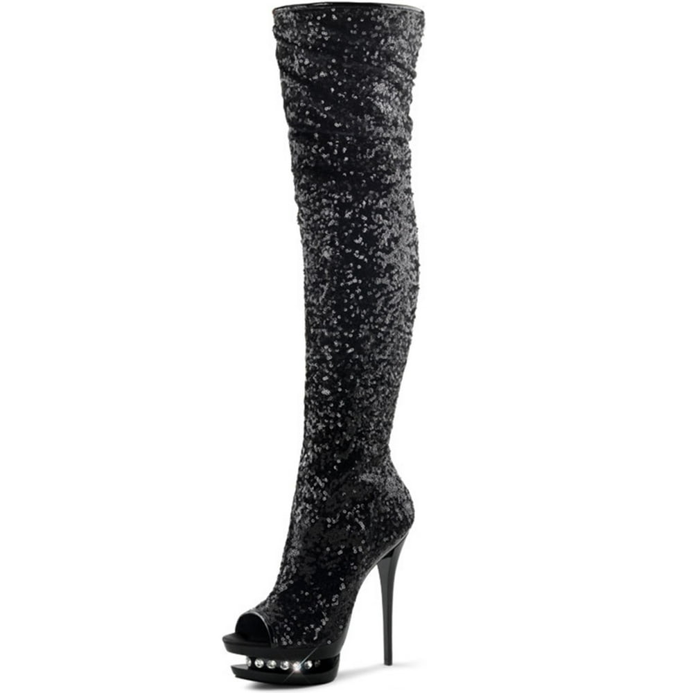 Pleaser - Glittering Thigh High Black Sequin Boots with Double Platform ...