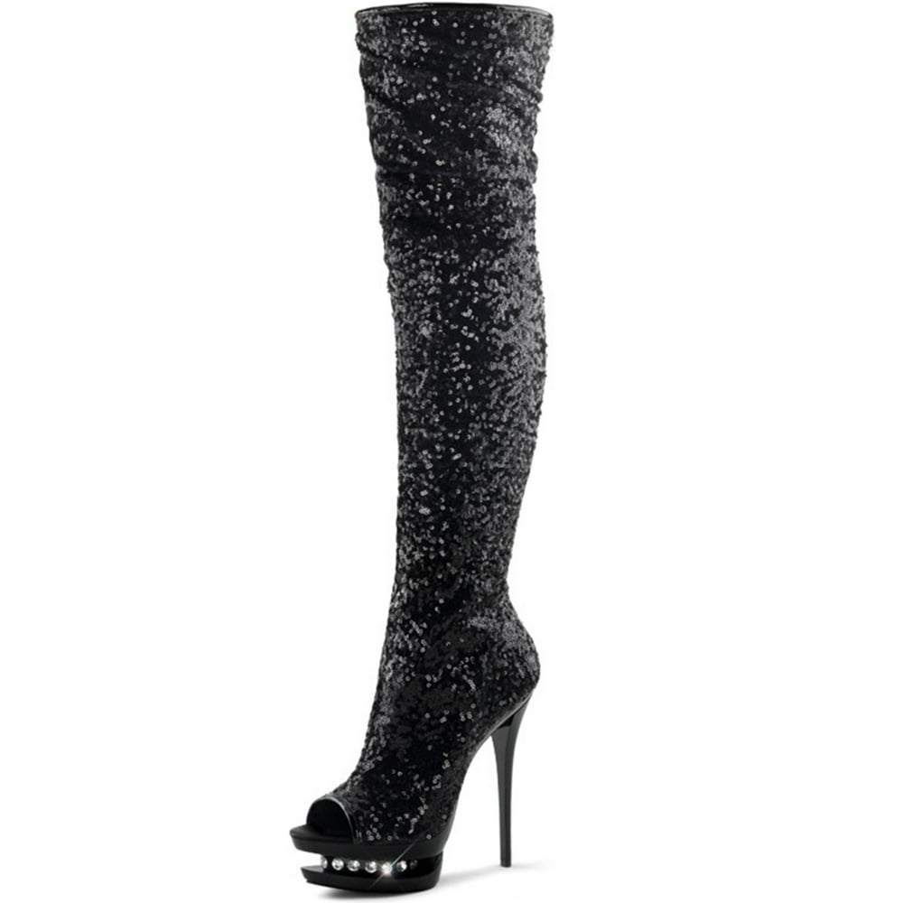 high heel sequin boots