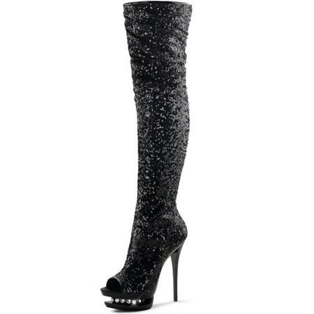 SummitFashions - Glittering Thigh High Black Sequin Boots with Double ...