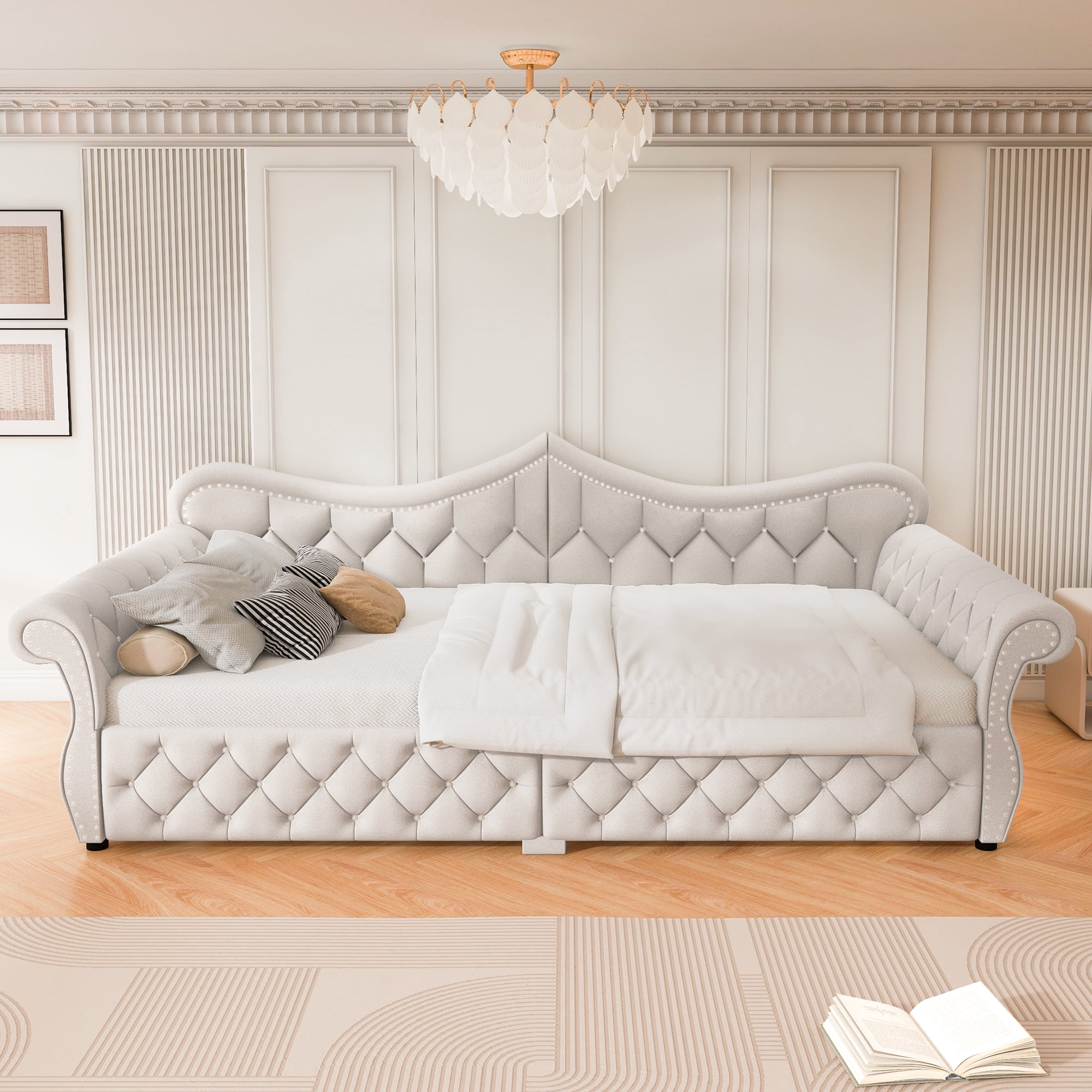 Euroco Upholstery Queen Size Daybed, Sofa Bed with LED Light, Beige