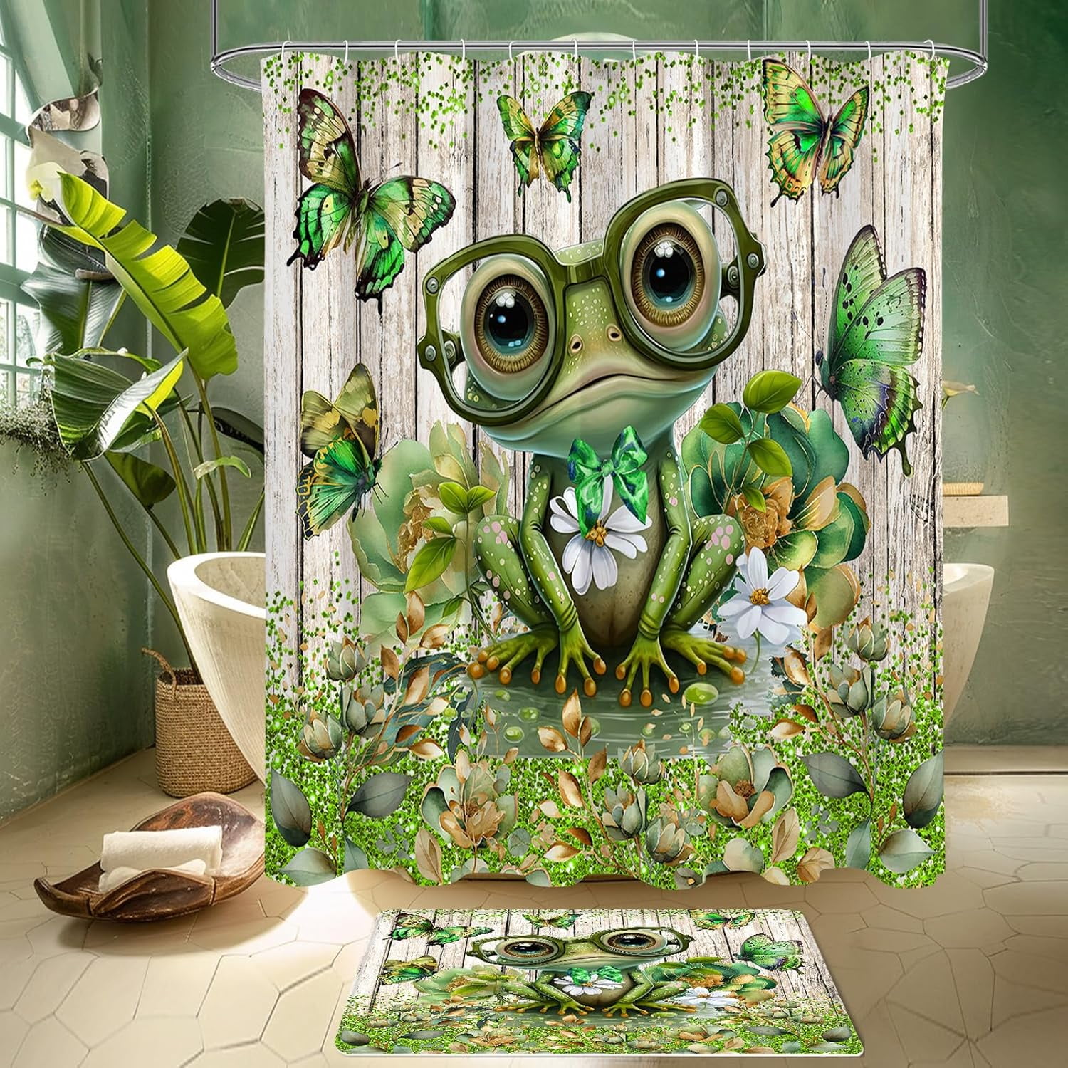 4 Pcs Floral Frog with Glasses Cute Kids Shower Curtain Sets with Rugs for Bathroom Decor, Funny Bathroom Sets with Shower Curtain and Rugs, Country Bathroom Curtain Set (Hooks Not Included)