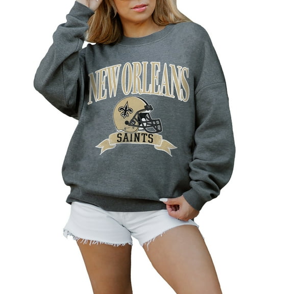 Women's Gameday Couture Charcoal New Orleans Saints Oversized Seal The Deal Premium Fleece Drop Shoulder Pullover