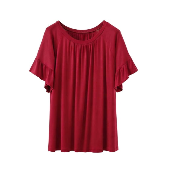 YUGYXL Womens T Shirts Ruffle Short Sleeve Crew Neck Loose Casual Summer Tops Pleated Front Comfy Soft Summer Clothing Wine Tops XL