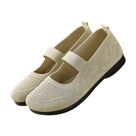 Women s Breathable Mesh Knitted Flat Shoes Comfortable Slip On Walking Shoes Low Heel Elastic Strap Soft Sole Flats Khaki 40