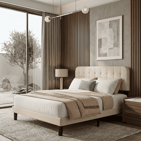 Upholstered Platform Bed Frame with Headboard, Sturdy Wooden Slats, Noise-Free, No Box Spring Needed, Easy Assembly, Modern Bedroom Furniture - Queen, Beige