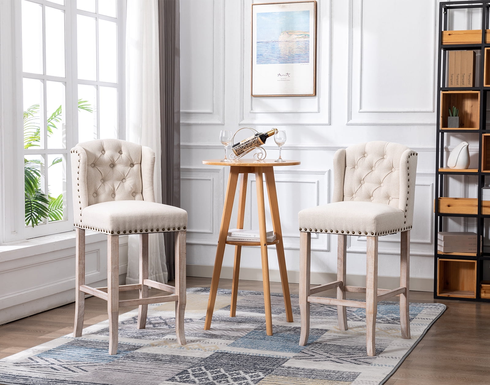 Guyou Tufted Bar Stool, Nailhead Trim, Upholstered, 30'' Height, Beige (Set of 2)