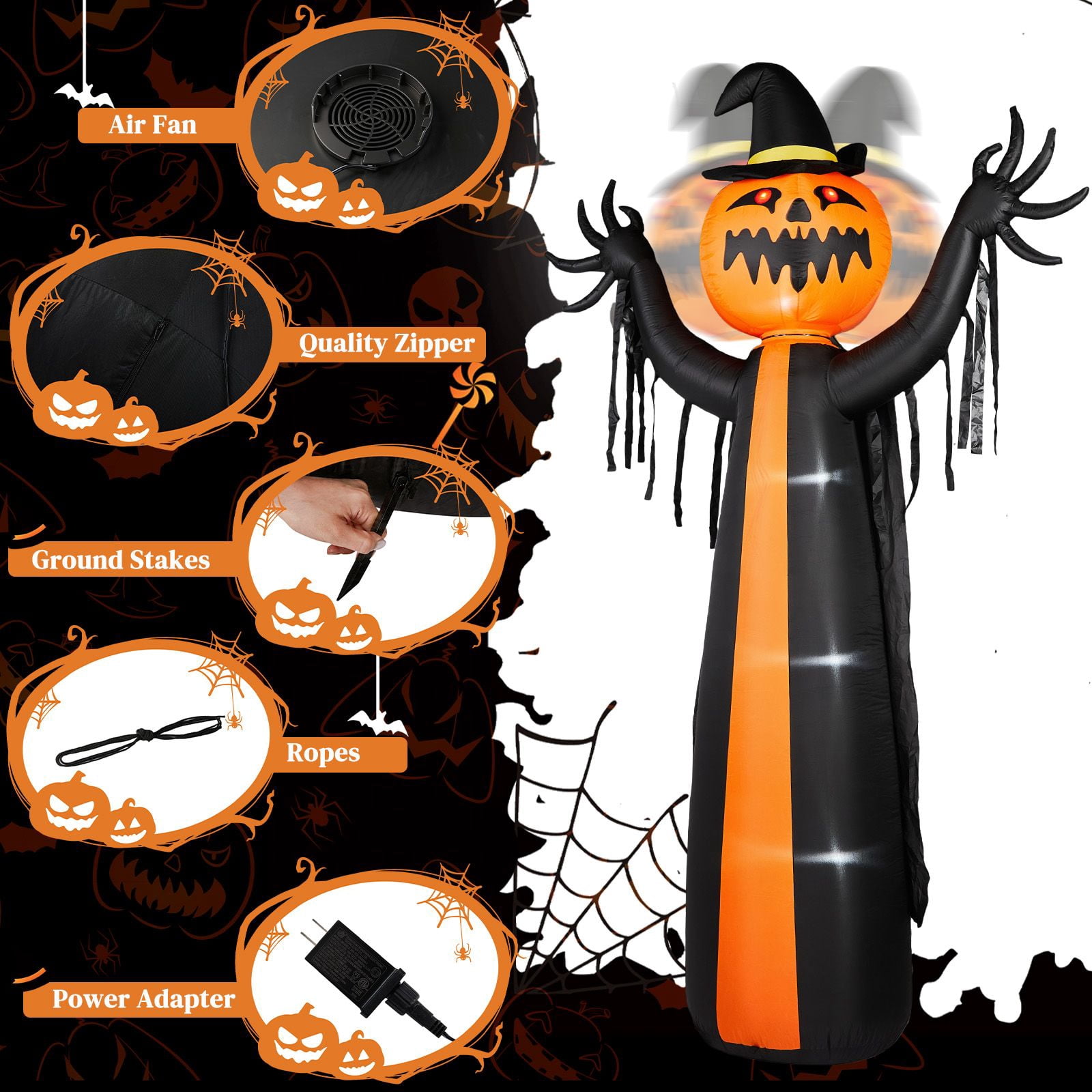 10FT Inflatable Pumpkin Ghost with Rotatable Head 6 LED Lights Black Orange Halloween Yard Decor