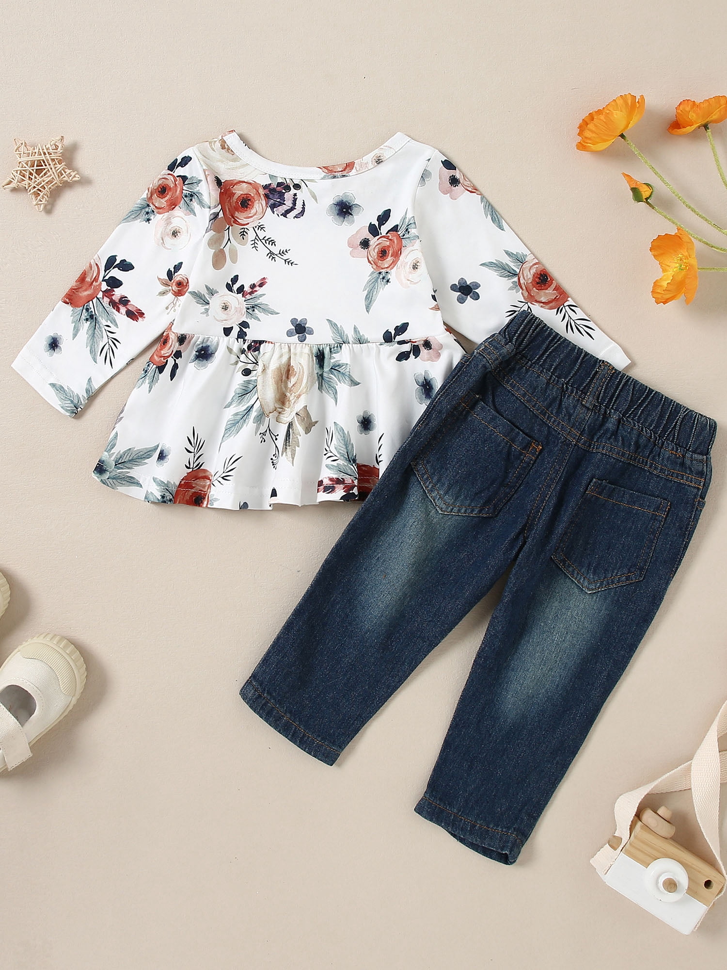 CARETOO Girl Clothes Outfits Toddler Baby Ruffle Sleeve Floral T-Shirt Tops Ripped Jeans Pants Set