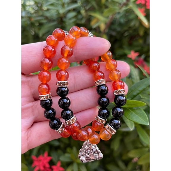 Red Agate & Black Onyx with Happy Buddha Crystal Bead Bracelet 8mm, Wholesale Genuine Red Agate & Black Onyx Stretch Gemstone Bracelet, Gift for Men & Women (1)