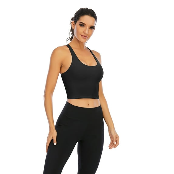 Women Medium High Impact Sports Bra Criss Cross Back Padded Bra Workout Fitness Sports Yoga Bras, Black, M