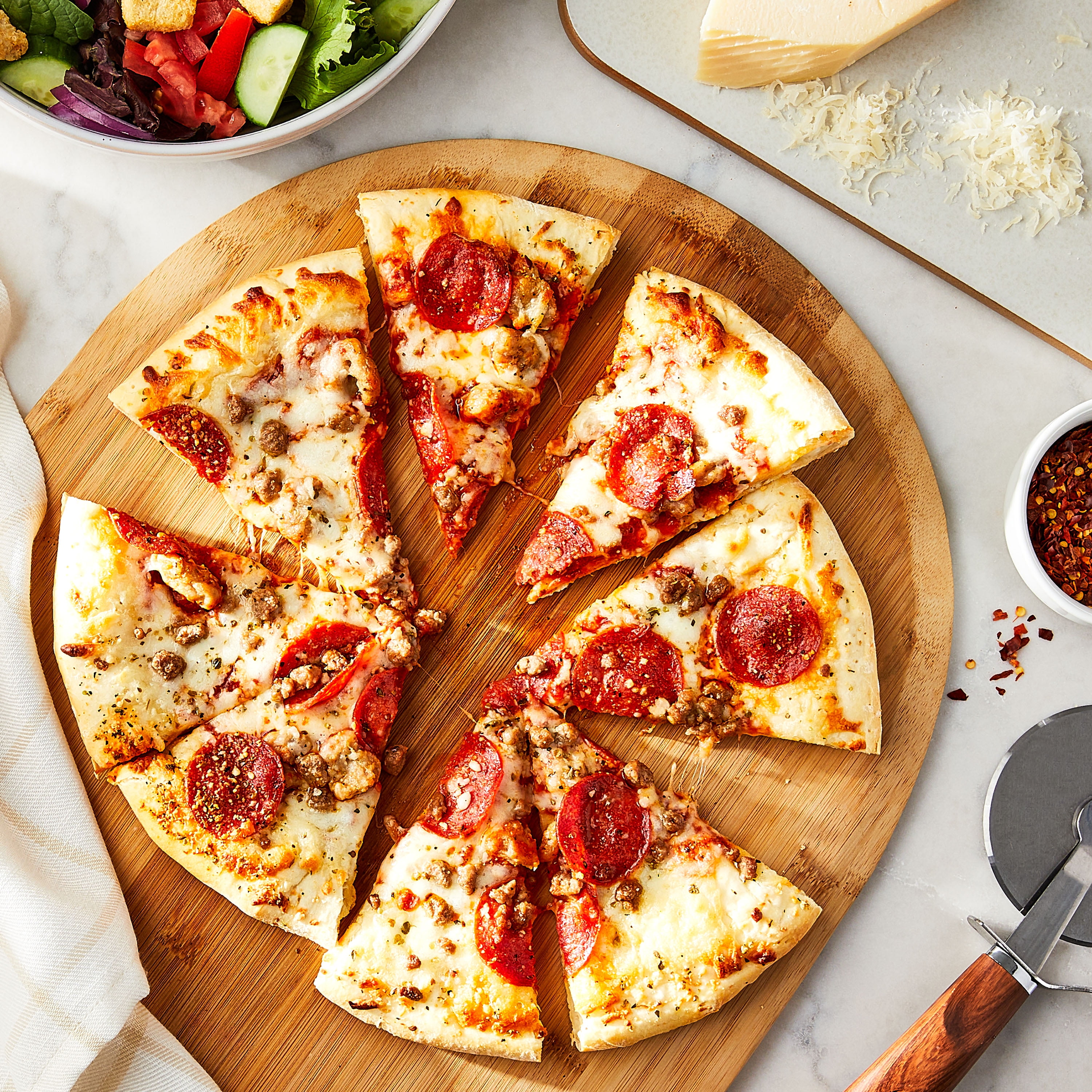 Great Value Stuffed Crust 3 Meat Pizza, Tomato Basil Garlic Sauce, 23.75 oz (Frozen)