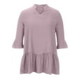 thumbnail image 5 of Dazajoo Women's Plus Size Solid Color T Shirts 2024 Dressy Trendy 3/4 Bell Sleeve Cotton Linen Summer Tops Casual Fashion V Neck Flowy Pleated Hem Blouse Tunic for Women,Pink,XL, 5 of 6