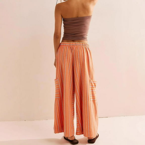 Orange Women's Casual Pants, Women Drawstring Striped Pants Loose Wide Leg Pants Casual Palazzo Pants Trousers With Pockets,Women's Casual Pants XL