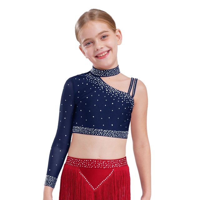 Manyakai Kids Girls Shiny Rhinestone Jazz Latin Modern Lyrical Dance Crop Tops Irregular Shoulder Navy Blue 14