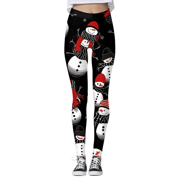 Gibobby Pantalones estampados navideños personalizados para mujer, polainas personalizadas para polainas para correr, polainas navideñas de muñeco de nieve para fiesta (Negro, L)