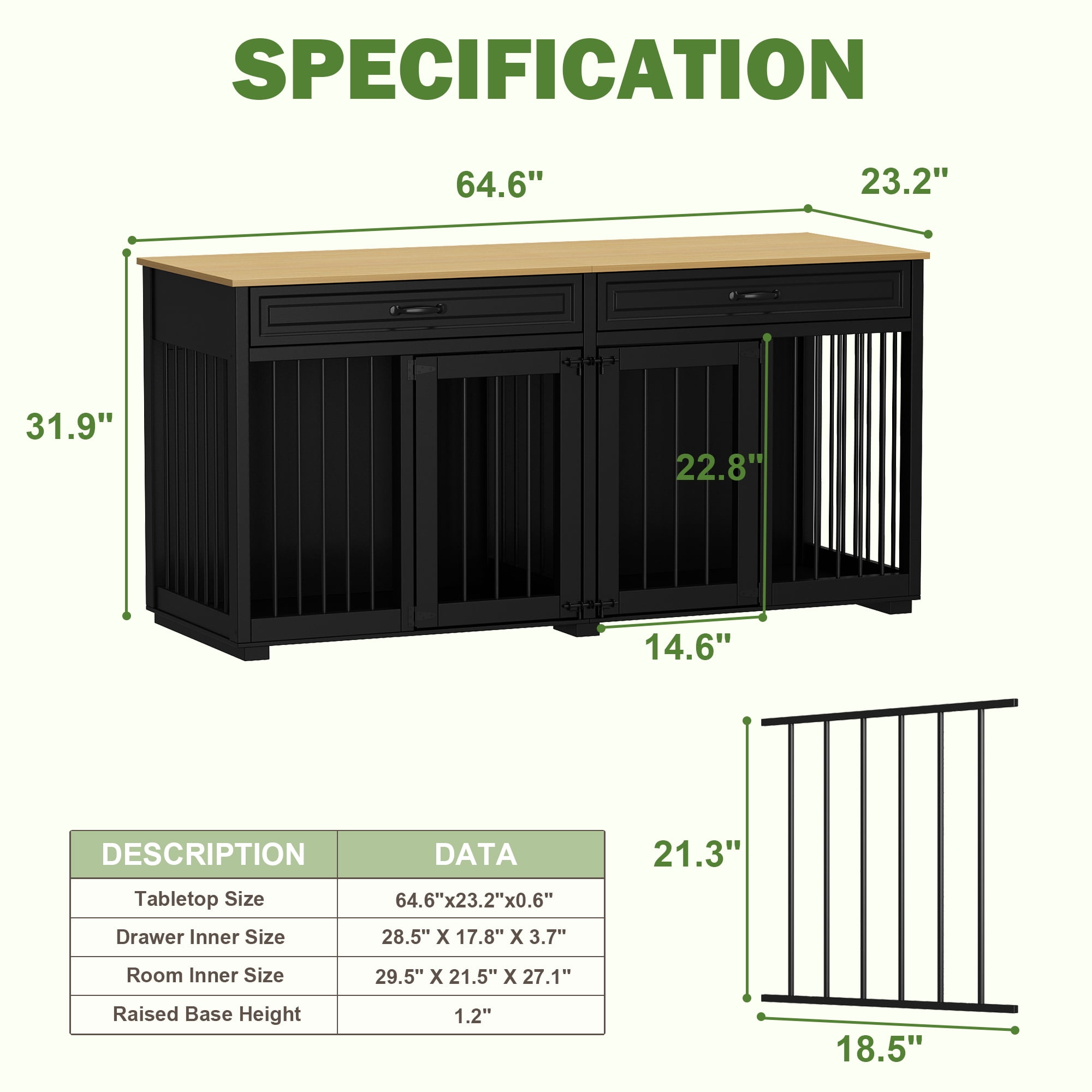 NARTRU 64.6" Large Double Dog Crate Kennel Furniture with Divider and 2 Drawers for 2 Small or Medium Dogs Indoor, Black