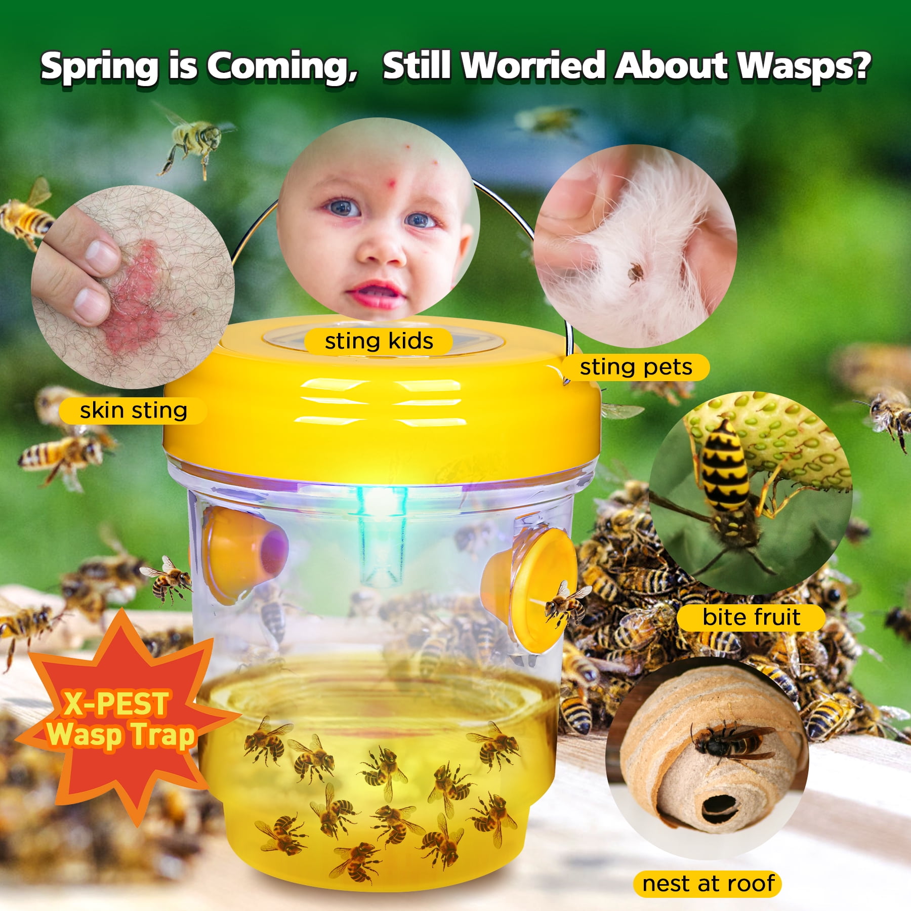 X-PEST Wasp Trap Outdoor Hanging, 4 Pack Solar Power Bee Trap for Yard, Garden, Home