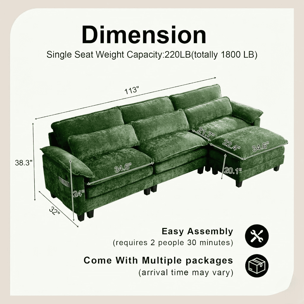 Howcool Cloud Couch Modular Sectional Sofa 3 Seat 113" L Shaped Convertible Couch Chenille Thick Cushion with Ottoman, Removable & Washable Cover for Living Room, Green