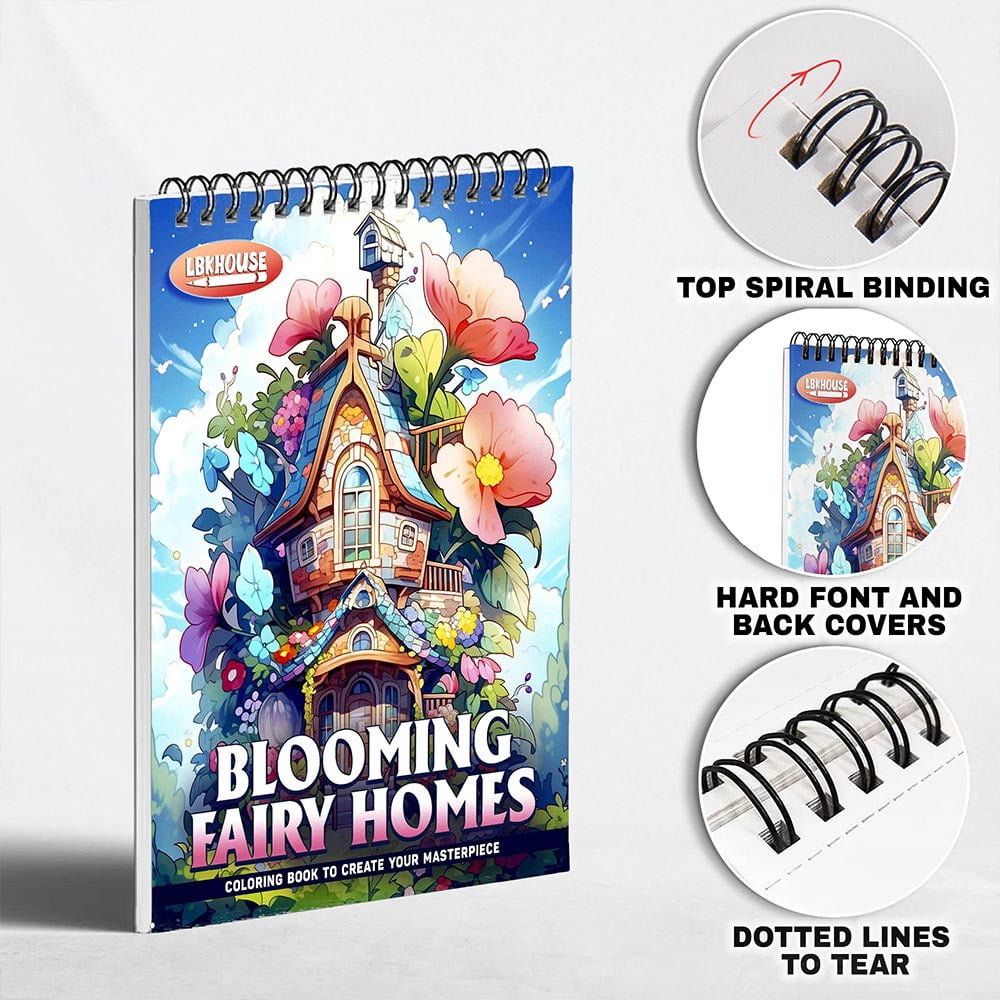 LBKHOUSE Blooming Fairy Homes Coloring Book Spiral Bound for Adults, Premium Cover