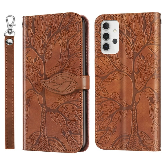 Classic Life Tree Pattern Case for SAMSUNG Galaxy A32 5G (SM-A326U) (6.5 Inch) - Slim Fit Lightweight Flip Case with Strap & Card Holder, Protective Folio Stand Phone Cover (Brown)