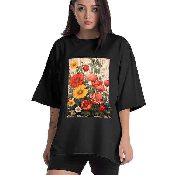 Plus Size Shirt for Women Black Tops for Women Short Sleeves Shirt for Women Flowers T Shirt Crewneck Shirt for Women XS