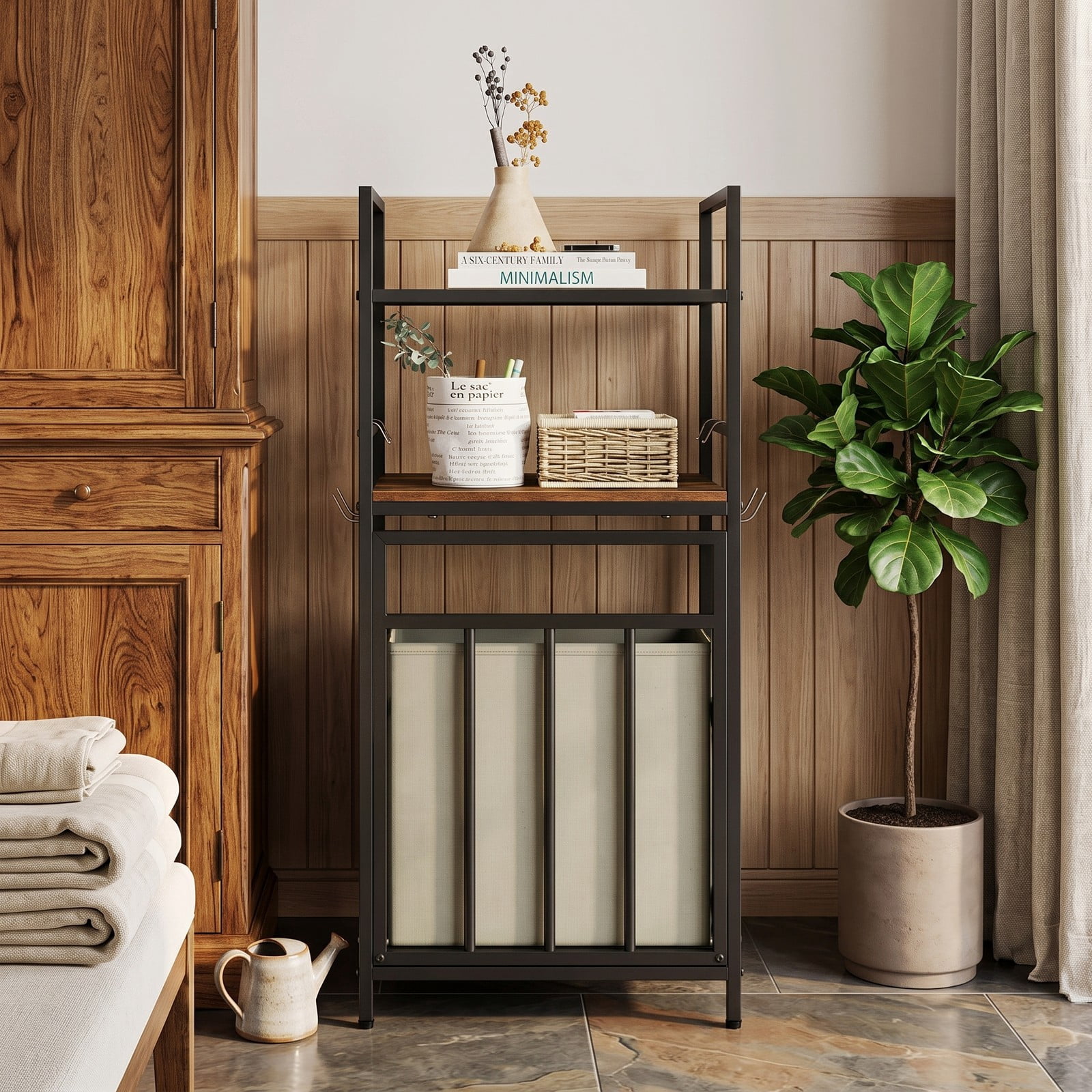 Fenbeli 2-Tier Laundry Hamper with Tilt-out Basket, Metal Wood Laundry Sorter with 9.5-Gallon Removable Bag and 4 S-Hooks, Free-Standing Clothes, Black Rustic Brown