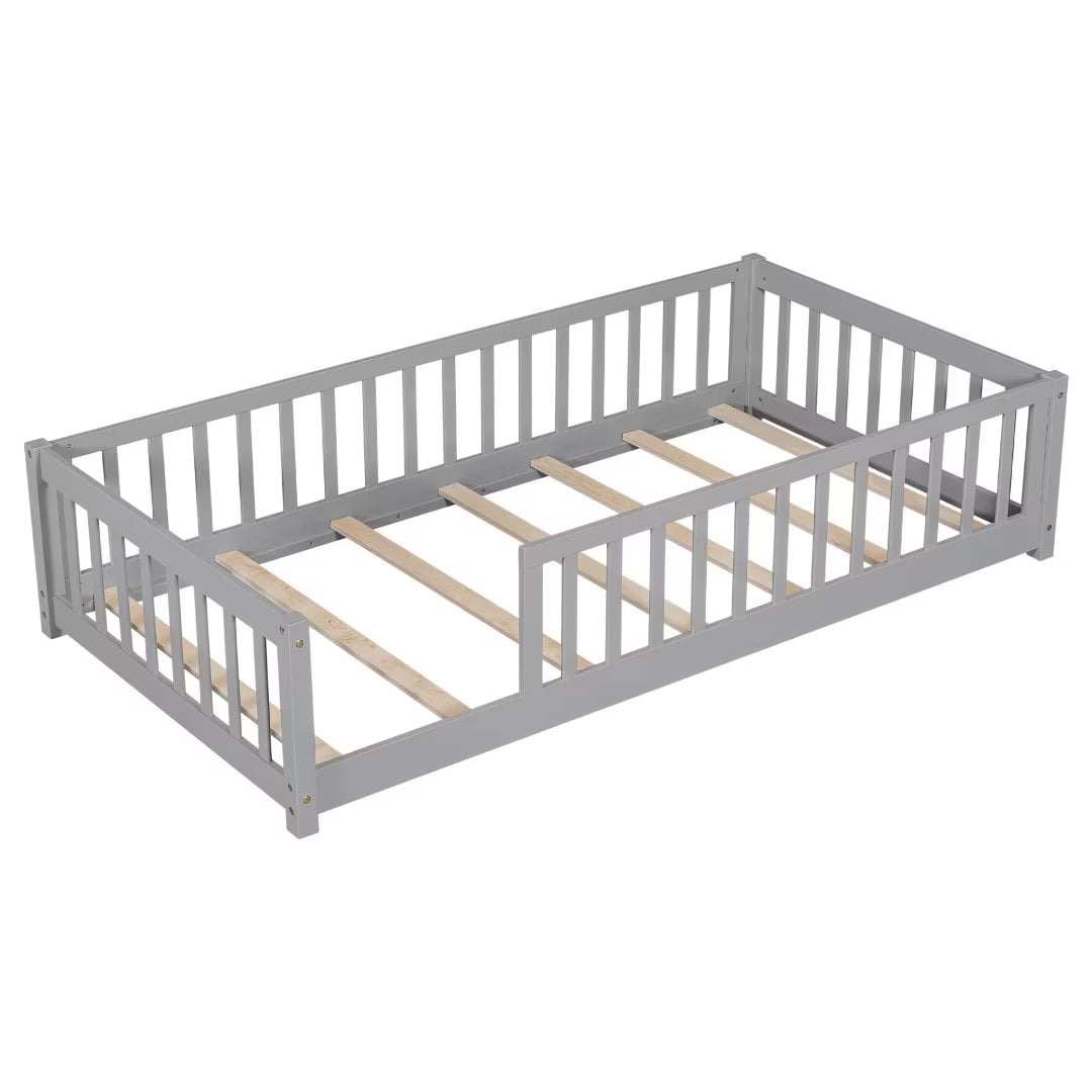 Triple Tree Kids Twin Pine Wood Floor Bed with Fence, Gray/White