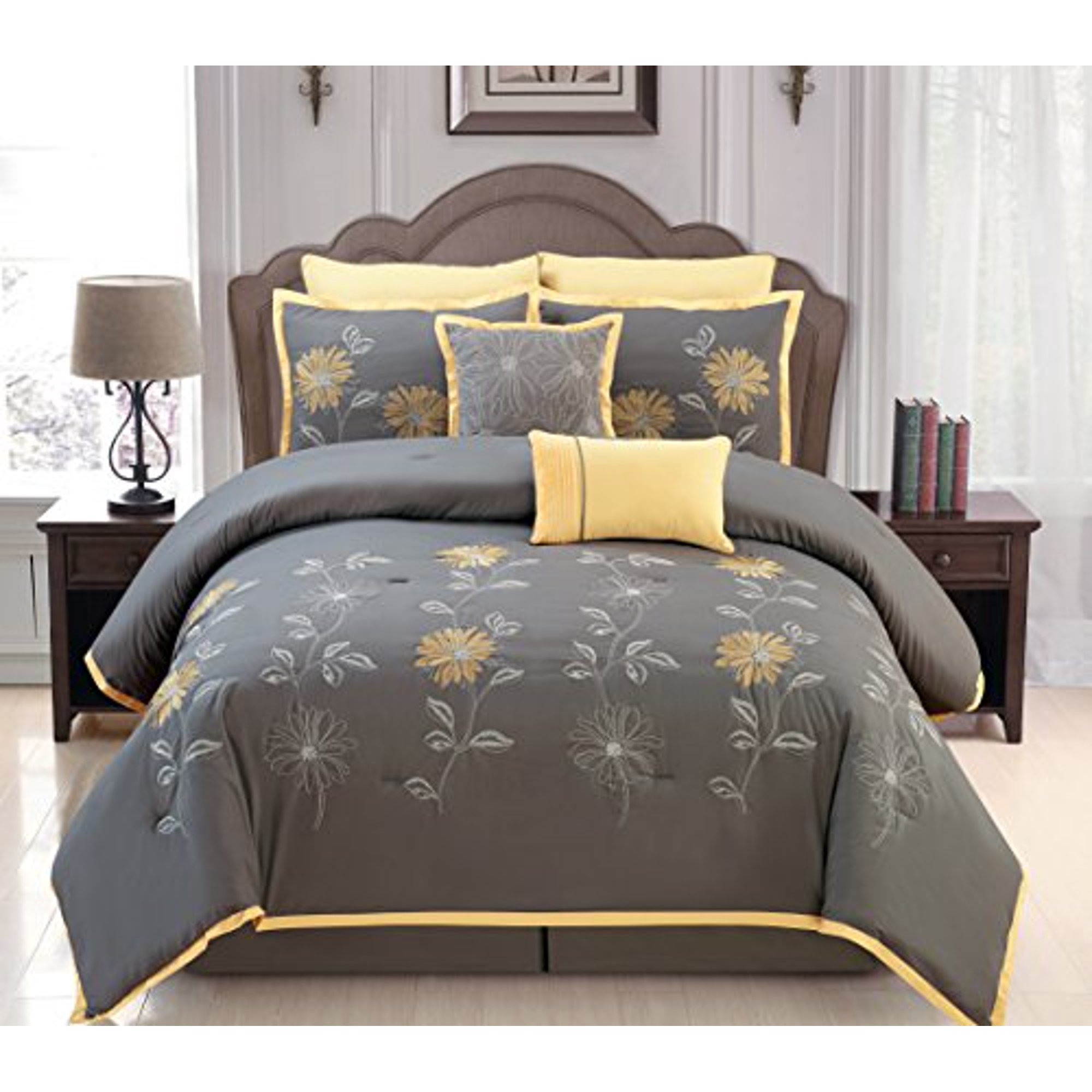 Sunshine Yellow Grey Comforter Set Embroidery Bed In A Bag