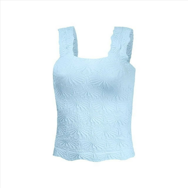Tops Cortos de Tirantes Anchos con Cuello Cuadrado para Mujer, Tops Florales para Salir, Tops Cortos Ajustados con Ribete de Lechuga, Azul L