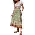 thumbnail image 2 of INSPIRE CHIC Maxi Boho Skirt for Women's A-Line High Waist Vacation Color Block Skirts L Green, 2 of 4