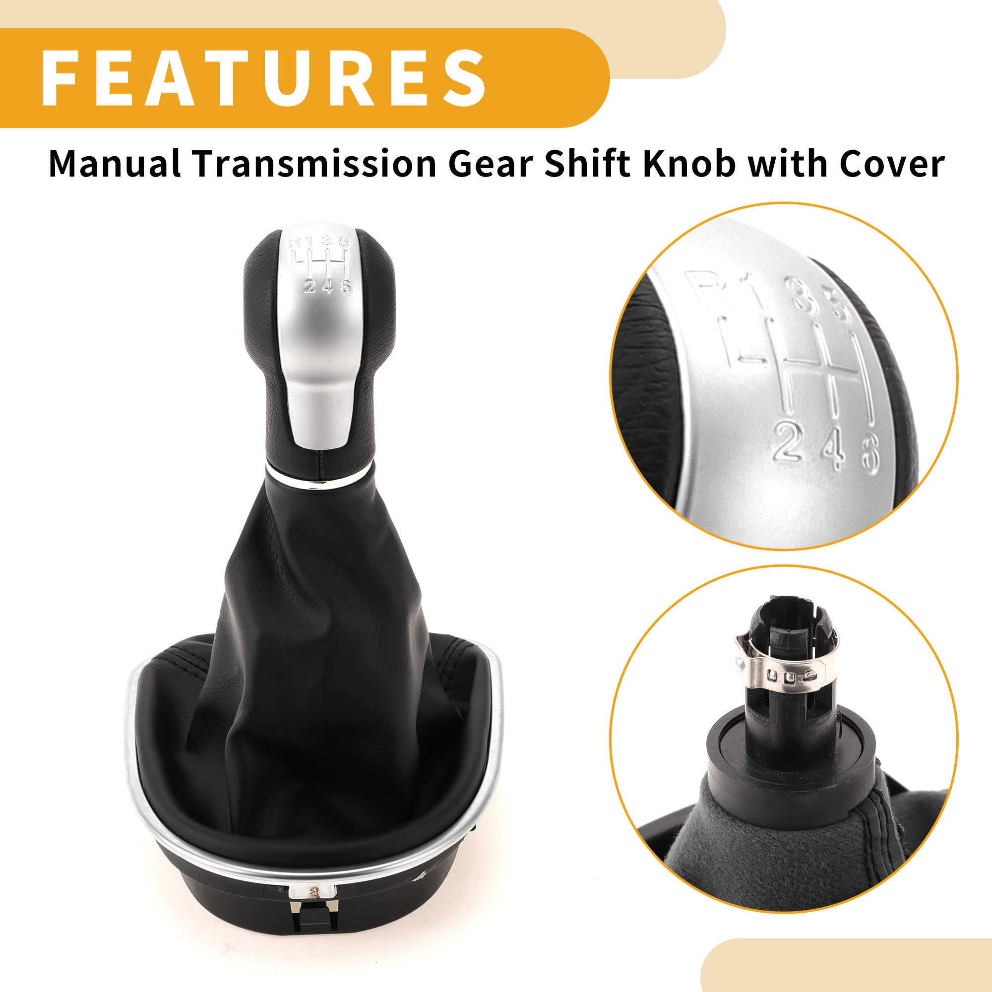 Unique Bargains 6 Speed Manual Gear Shifter Knob W/ Cover No.1P0711113 - Car Shift Lever Knob - for Seat Altea 2004-2020 Plastic Faux Leather Black Silver Tone - 1 Pc