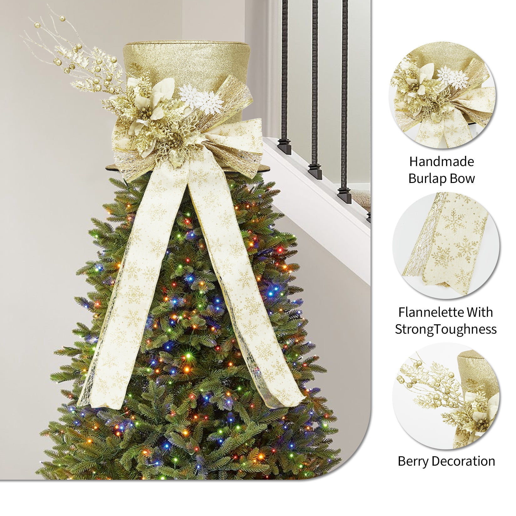 Towallmark Christmas Tree Topper, Ribbon Bow Topper for Tree,Xmas Ornaments for Holiday Decor, Great Gift Christmas Decoration,9.84 x 9.84 in