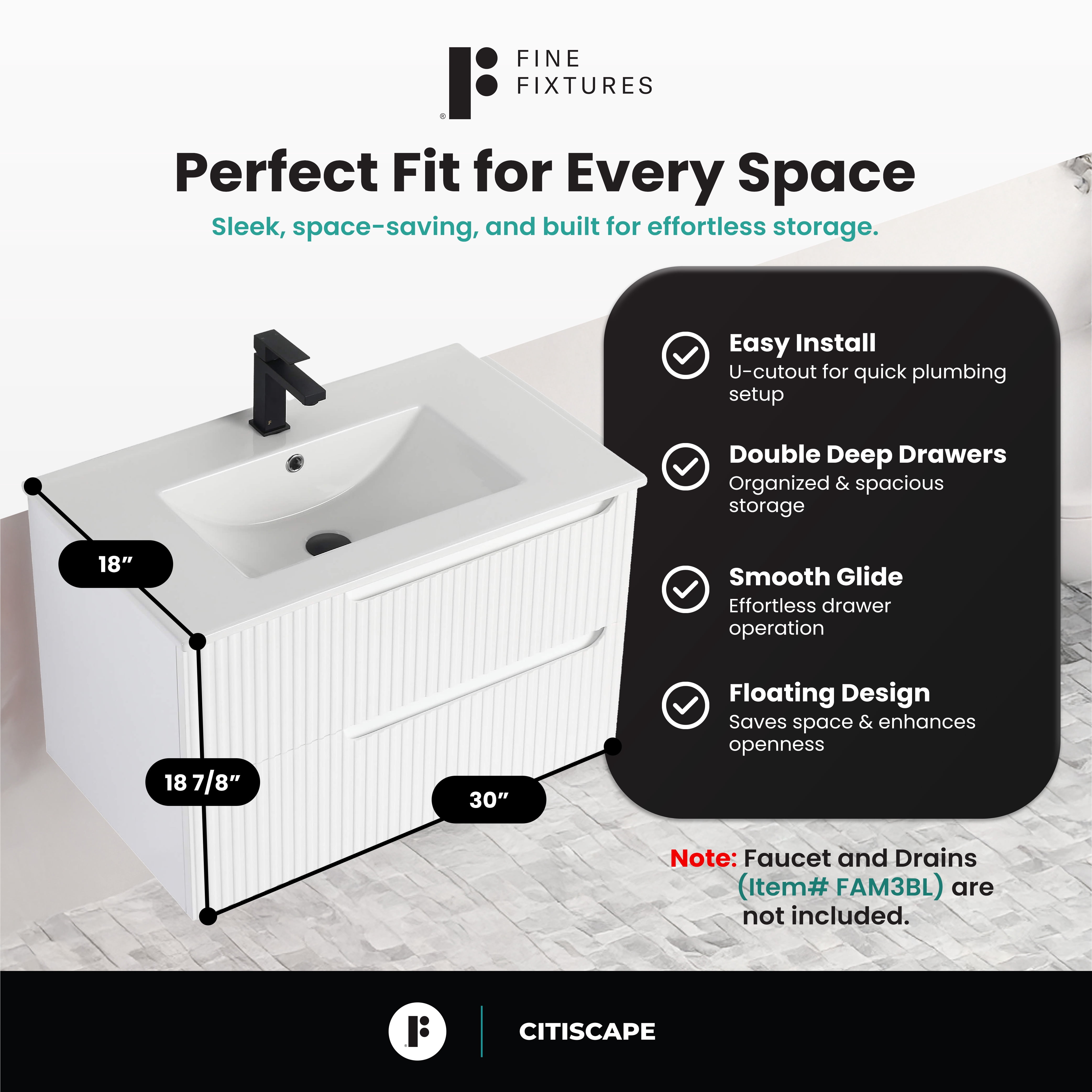 Citiscape Modern Bathroom Vanity with Textured Drawer Fronts 30" Wide - White - Sink Included