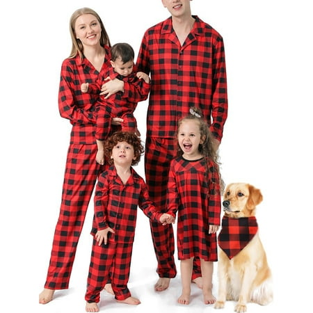 

Christmas Family Matching Pajamas Long Sleeve Red Plaid Cotton Pj Set Festival Party Sleepwear with Button