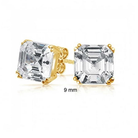 Asscher Stud Earrings Cubic Zirconia Solitaire Square Asscher Cut AAA CZ Stud Earrings For Women 14K Gold Plate 925 Sterling Silver More Sizes ()