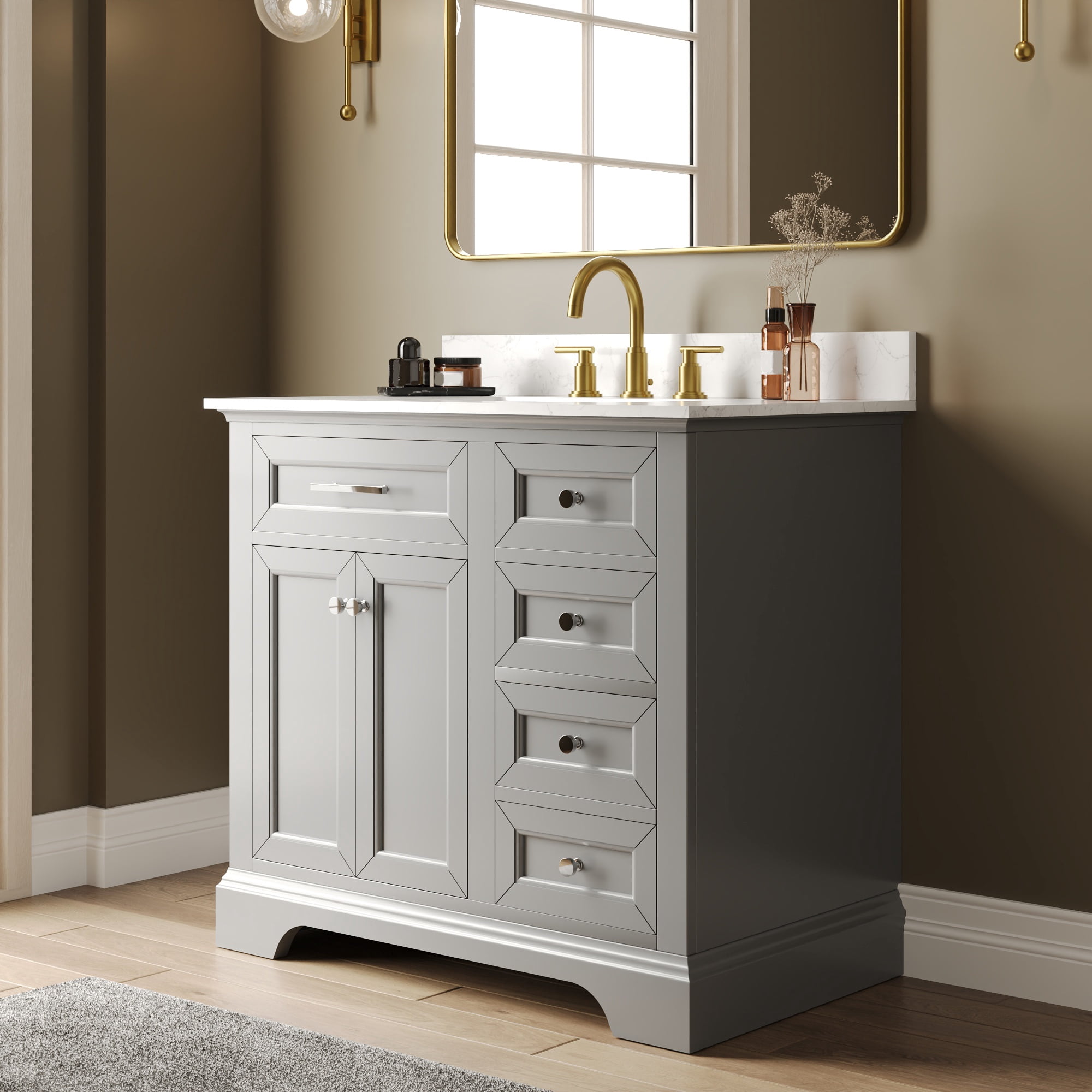 36 in. Single Sink Freestanding Light Gray Wood Bath Vanity with White Engineered Marble Top (Assembled)