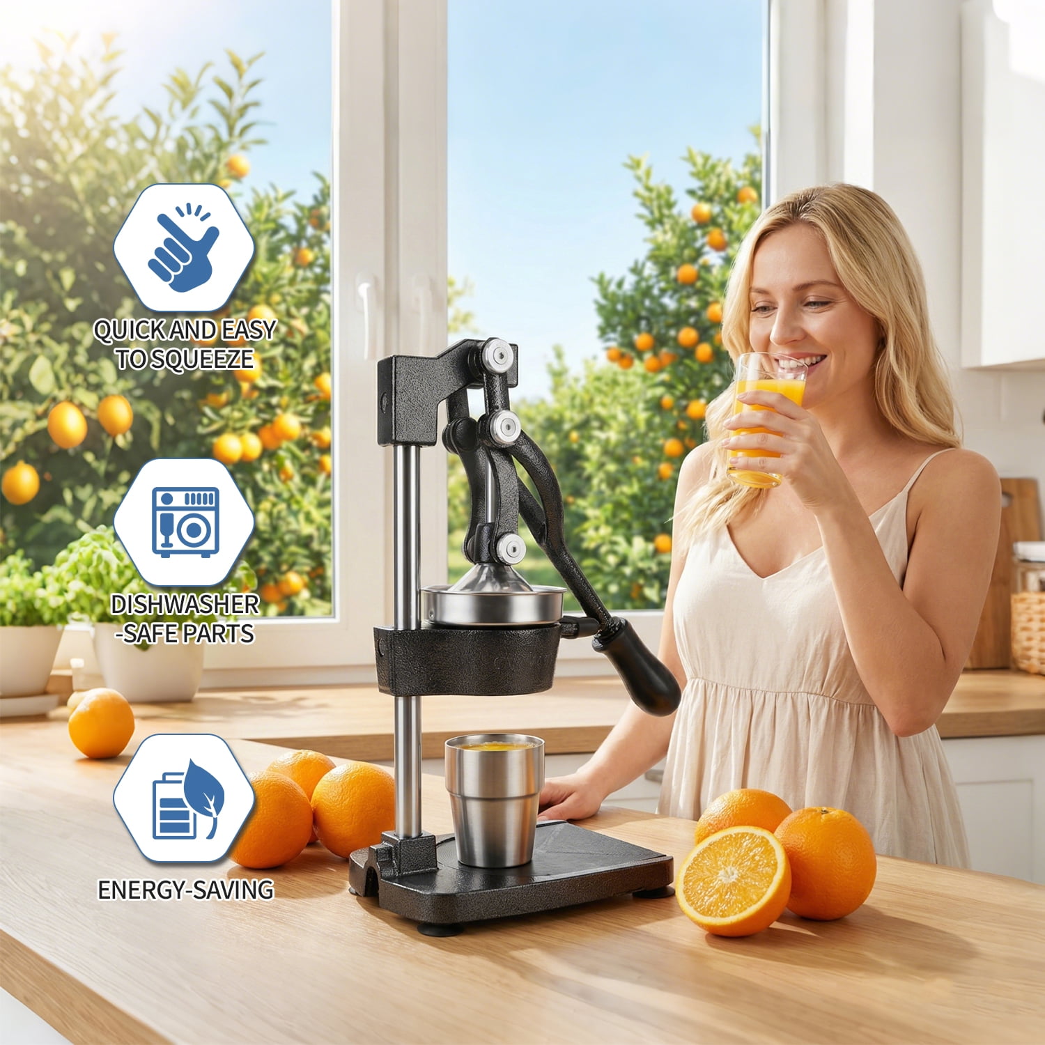 Yucurem Premium Cast Iron Juicer, Extra-Large, Heavy Duty, Commercial Grade, Stainless Steel Manual Juicer for Fresh Orange, Citrus, Pomegranate, Lemon (Black)
