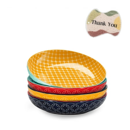 Dowan 8.5in Round Vibrant Joy Ceramic Bowls 4pcs Set for Ramen Pasta &Salad Large Porcelain Serving Bowls 35Oz Shallow Dinner Bowls with Free Sponge