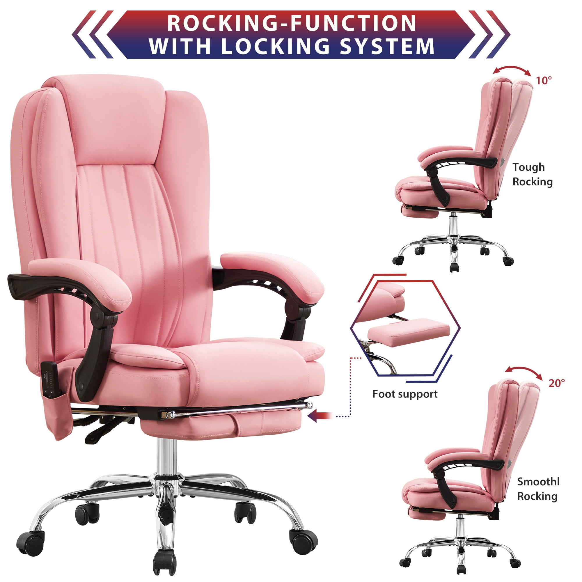 JONPONY Big and Tall Office Chair 500LBS Executive Office Chair Massage and Footrest Ergonomic Computer Desk Chair Reclining High Back Leather Office Chair Lumbar Back Support Swivel Rolling,Pink