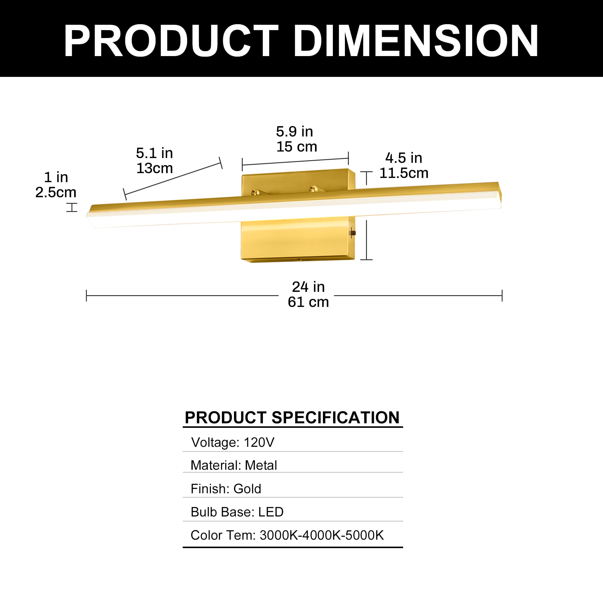YANSUN  24 in 1-Light 16-Watt Gold Integrated LED Vanity Light, Modern Indoor Bathroom Wall Sconce Light Bar for Mirror