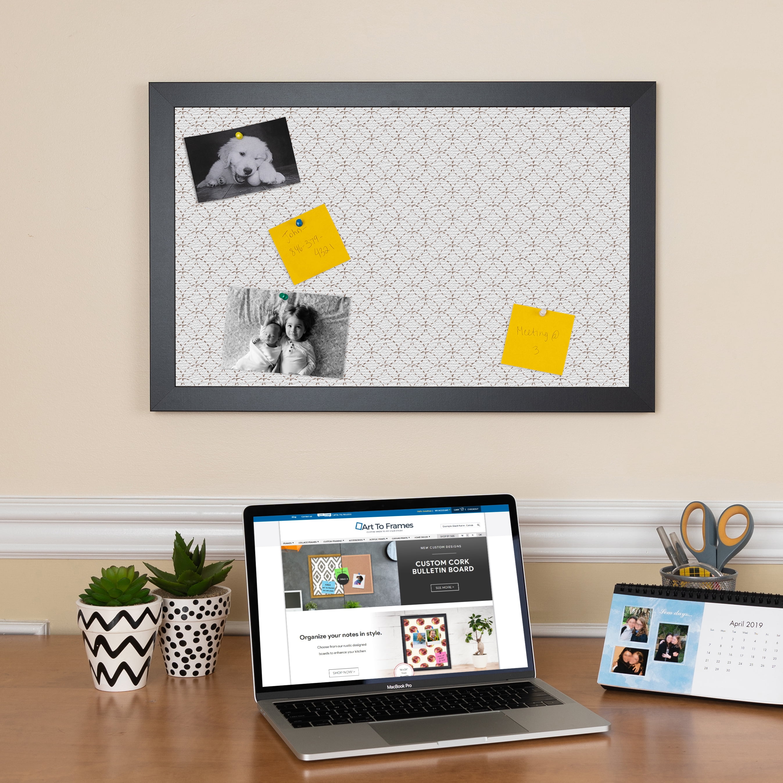 PinPix 30x22 Custom Cork Bulletin Board Beige Circles Poster Board Has a Fabric Style Canvas Finish, Framed in Beige Circles, by ArtToFrames (PinPix-491)