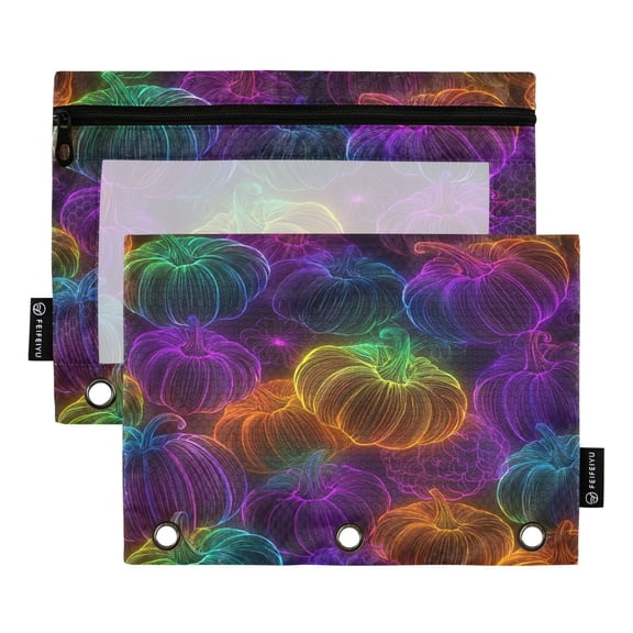 2 Pack 3 Ring Binder Pouch with Clear PVC Window Water Resistant Zipper Pencil Pouch Neon-glowing Pumpkins Pattern Binder Pocket for Classroom Office Home Stationery Organization