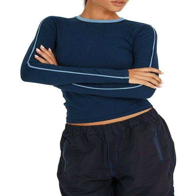 Femmes Manches Longues T-Shirts Patchwork Col Rond Streetwear