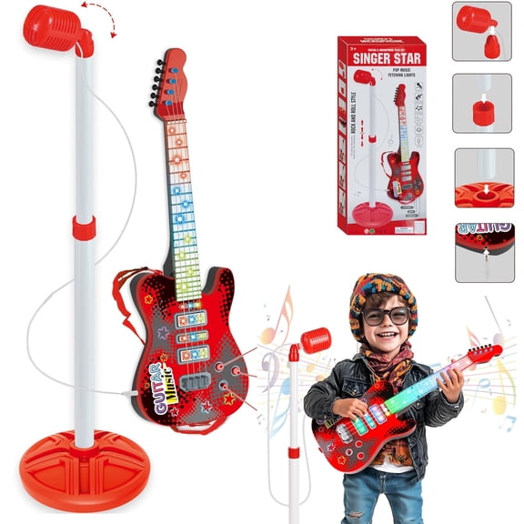 OhhGo Guitar and Microphone Play Set, Electric Guitar Toys Kit with Lifting Microphone Stand, Karaoke Toys Musical Instrument Gift (Red)