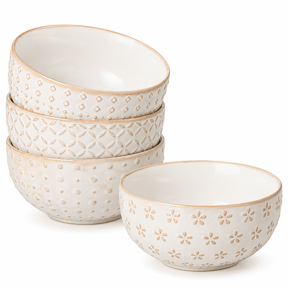 Arctic White 14 Oz Stoneware Embossed Dessert Bowl Set of 4 for Snacks and Side Dishes