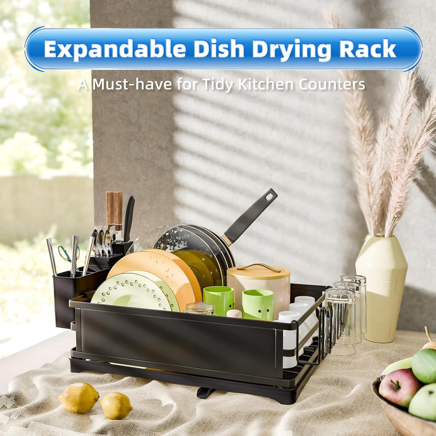 Dish Rack, Steel Dish Drying Rack for Kitchen Counter, Dish Drainer with Cutlery Holder for Large Capacity, Dish Drying Rack with drip Tray, Black