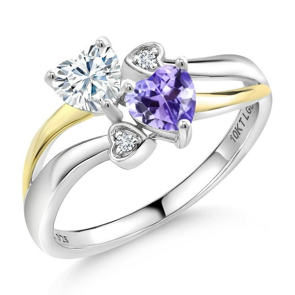 Gem Stone King 925 Silver and 10K Yellow Gold White Moissanite and Blue Tanzanite and White Lab Grown Diamond Ring for Women (0.94 Cttw, Gemstone, Heart Shape 5MM, Size 6)