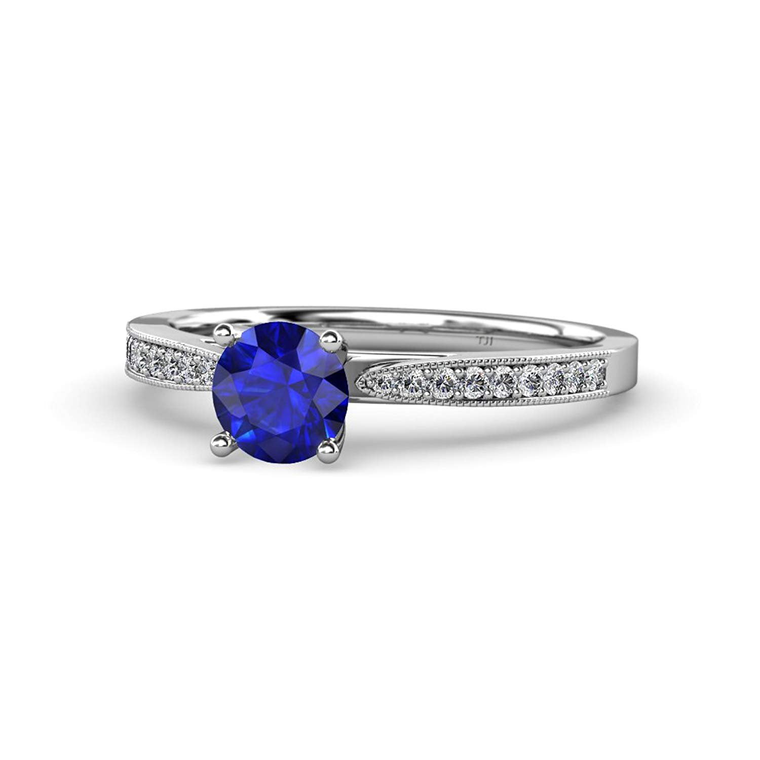 Blue Sapphire and Diamond Engagement Ring with Milgrain Work 1.13 cttw ...