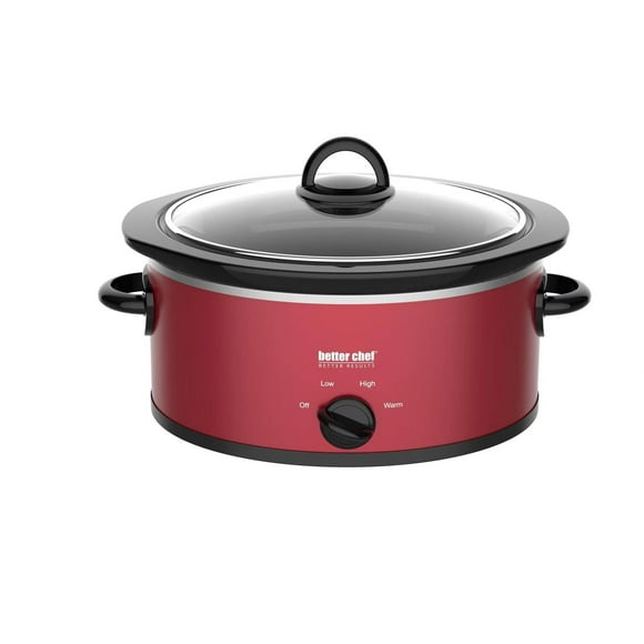 Better Chef - Olla de cocción lenta ovalada | 3 cuartos | 3 cuartos de galón | 3 temperaturas | Asas laterales | Tapa de vidrio | Inserto de gres esmaltado (rojo)