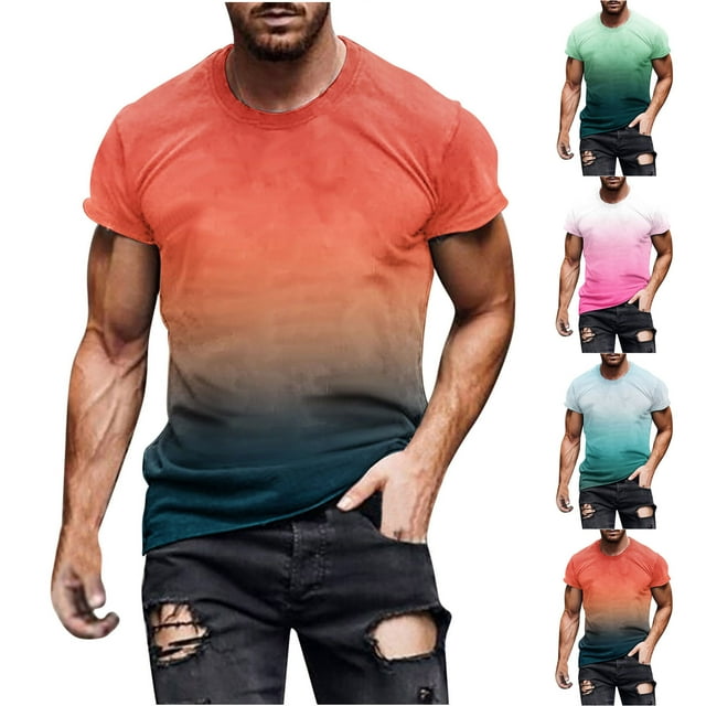 CFLVAEK Grands et Grands T-Shirts pour Hommes Été Décontracté Manches Courtes T-Shirt Confortable Col Rond T-Shirt Mode Dégradé Graphiques Bleu Clair TG